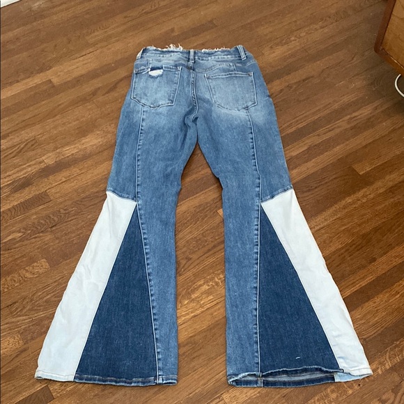 Blue and White Flare Wide Leg Jeans with Two-Tone Design - Picture 3 of 4